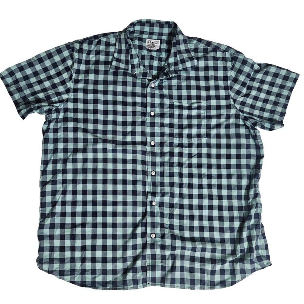LL Bean Mens XL Short Sleeve Gingham Button Down Shirt Teal Navy Blue Cotton